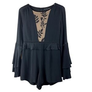 For‎ Love and Lemons Black Emelia Romper Lace Size Medium Long Bell Sleeve